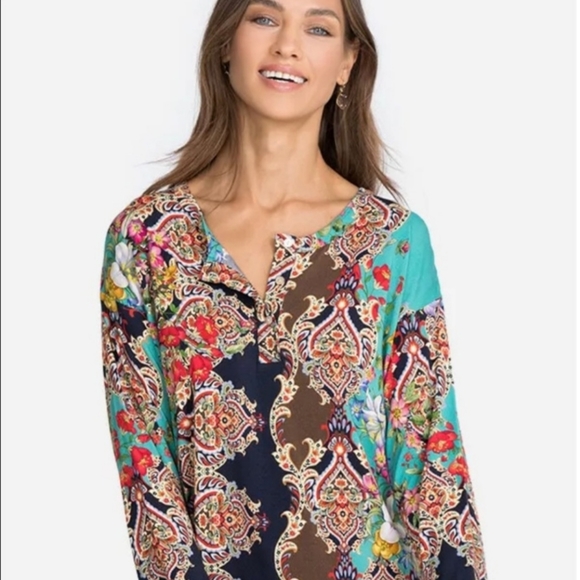 JOHNNY WAS* Floral Henley Tee - Picture 3 of 7